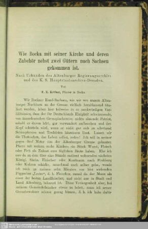 Wie Bocka mit seiner Kirche und deren Zubehör nebst zwei Gütern nach Sachsen gekommen ist : Nach Urkunden des Altenburger Regierungsarchivs und des K. S. Hauptstaatsarchivs Dresden