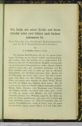 Wie Bocka mit seiner Kirche und deren Zubehör nebst zwei Gütern nach Sachsen gekommen ist : Nach Urkunden des Altenburger Regierungsarchivs und des K. S. Hauptstaatsarchivs Dresden