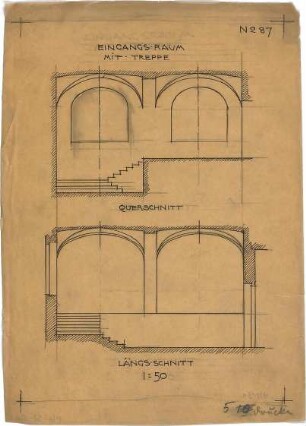 Pfann, Paul; Übungsblätter zur Perspektive - Eingangsraum mit Treppe (Querschnitt, Längsschnitt)