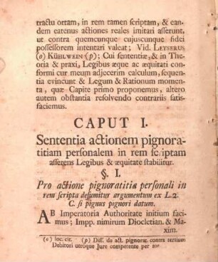 Caput I. Sententia actionem pignoratitiam personalem in rem scriptam afferens Legibus & aequitate stabilitur.