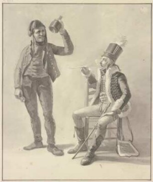 Sitzender rauchender Husar, dabei der Wirt mit Flasche und Glas