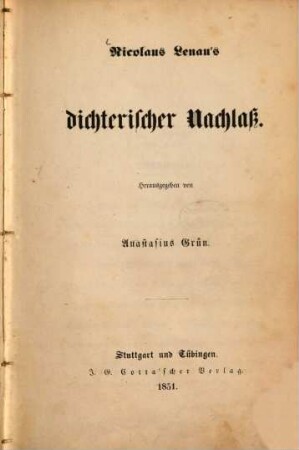 Nicolaus Lenau's dichterischer Nachlaß