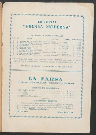 Catálogo de obras teatrales : Editorial "Prensa Moderna"