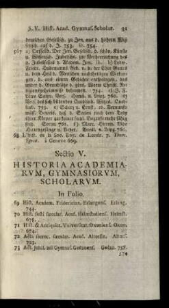 Sectio V. Historia Academiarum, Gymnasiorum, Scholarum.