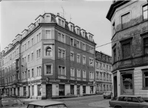 Dresden-Neustadt, Louisenstraße 77 / Kamenzer Straße 1. Wohnhaus (Hotel Stadt Rendsburg, 1884). Eckansicht