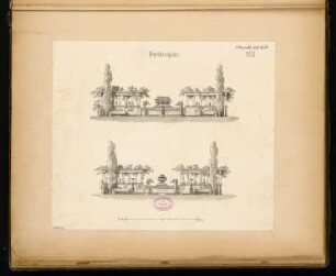 Begräbnisplatz Monatskonkurrenz November 1879: Aufriss Vorderansicht, Seitenansicht; Maßstabsleiste