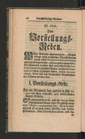 III. Class. Von Vorstellungs- Reden.