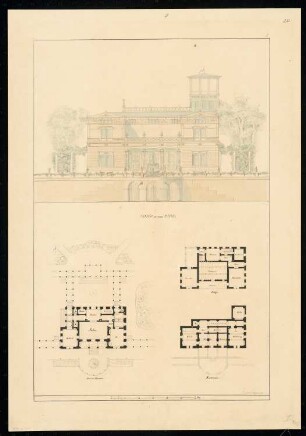 Kasino Monatskonkurrenz April 1835: Grundriss Keller, Erdgeschoss, Obergeschoss, Aufriss Vorderansicht (Eingangsseite); 2 Maßstabsleisten