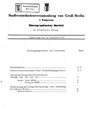 Nr. 42, 18. September 1947, Ordentliche Sitzung