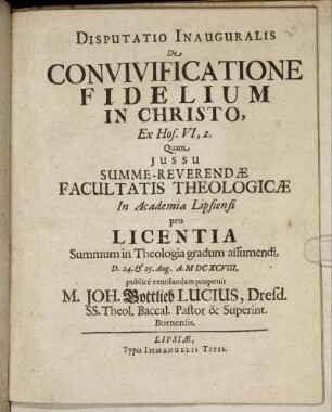 Disputatio Inauguralis De Convivificatione Fidelium In Christo : Ex Hos. VI,2.