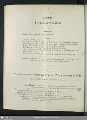 B. Verzeichniss der Vorlesungen für das Wintersemester 1885/86 alphabetisch nach den Docenten geordnet