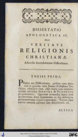 Dissertatio Apologetica IV. Pro Veritate Religionis Christianae.