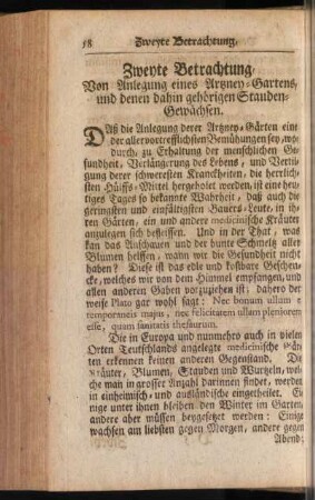 Zweyte Betrachtung, Von Anlegung eines Artzney-Gartens, und denen dahin gehörigen Stauden-Gewächsen