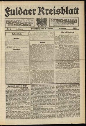 Erste Ausgabe vom Donnerstag, den 05. Januar 1911.
