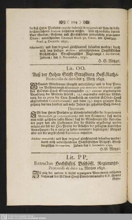 Lit. PP : Extractus Hochstifftis. Bischöffl. Regierungs-Protocolli de dato 24. Mertzen 1692