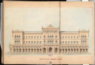Berliner Rathaus (Rotes Rathaus) Schinkelwettbewerb 1857: Aufriss Seitenansicht (von der Spandauer Straße); Maßstabsleiste