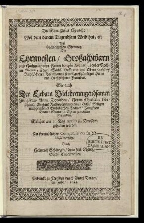 Die Worte Jesus Syrach: Wol dem der ein Tugendsam Weib hat ...