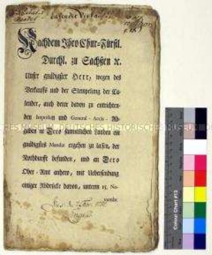 Bekanntmachung des Mandats von Friedrich August III. Kurfürst von Sachsen betreffs Verkauf und Stempeln von Kalendern