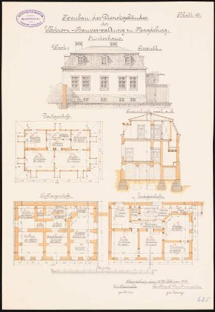 Elbstromverwaltung, Magdeburg: Hinterhaus: Grundriss Keller, Erdgeschoss, Dachgeschoss, Aufriss Westansicht, Querschnitt 1:100