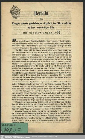 1852/53: Bericht der Loge Zum Goldnen Apfel in Dresden an ihre auswärtigen BBr. : auf das Maurerjahr ..