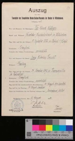 Auszug aus dem Trauregister des evangelischen Marine-Stations-Pfarramtes der Nordsee in Wilhelmshaven - Jahrgang 1914