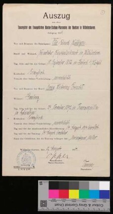 Auszug aus dem Trauregister des evangelischen Marine-Stations-Pfarramtes der Nordsee in Wilhelmshaven - Jahrgang 1914