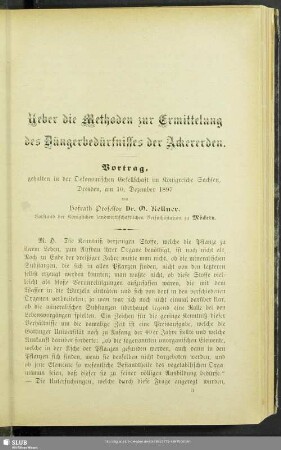 Ueber die Methoden zur Ermittelung des Düngerbedürfnisses der Ackererden : Vortrag, gehalten in der Oekonomischen Gesellschaft im Königreiche Sachsen, Dresden, am 10. Dezember 1897