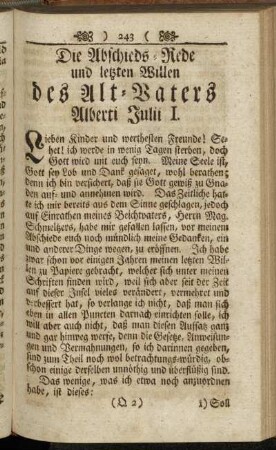 Die Abschieds-Rede und letzten Willen des Alt-Vaters Alberti Julii I.