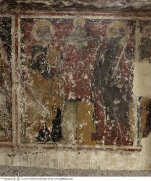 Freskendekoration: Christus Pantokrator, Gandenstuhl, Madonna und Heilige, Rechte Wand, Mitte: Christus zwischen den Heiligen Petrus und Paulus