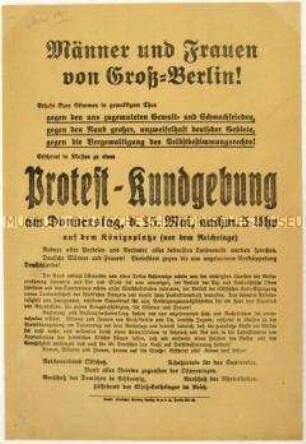 Aufruf zu einer Kundgebung am 15. Mai 1919 in Berlin gegen den Versailler Vertrag