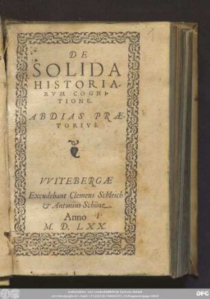 DE || SOLIDA || HISTORIA-||RVM COGNI=||TIONE.|| ABDIAS PRAE=||TORIVS.||
