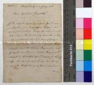 Brief Johann David Enke an seine Verlobte Charlotte Emilie Kattner aus Kupferberg (Janowice Wielkie) in Schlesien über seine Versetzung als Offizier nach Frankreich und das Aufgebot