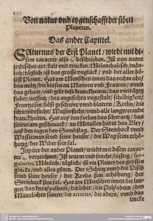 Von natur und eygenschafft der siben planeten. Das ander Capittel.