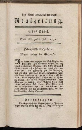 30tes Stück. Wien den 30ten Julii 1774.