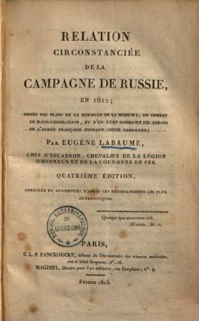 Relation circonstanciée de la campagne de Russie, en 1812 : Ornée des plans