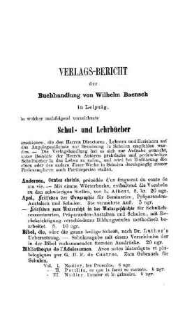 Verlags-Bericht der Buchhandlung von Wilhelm Baensch