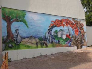 Aschersleben - Wandmalerei im Zentrum : Wandmalerei an einer Hauswand. Aufgenommen am 30. Mai 2004 in Aschersleben