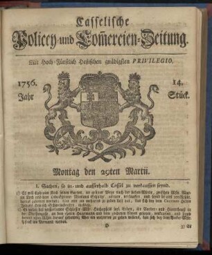 14. Stueck, Montag den 29ten Martii 1756