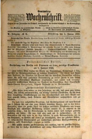 Gemeinnützige Wochenschrift : Organ für Technik, Volkswirthschaft u. Armenpflege. 5. 1855