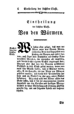 Eintheilung der sechsten Classe, Von den Würmern
