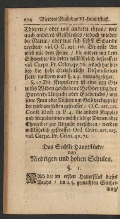 Das Sechste Hauptstücke/ von Niedrigen und hohen Schulen