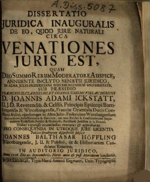 Dissertatio Juridica Inauguralis De Eo, Quod Jure Naturali Circa Venationes Juris Est