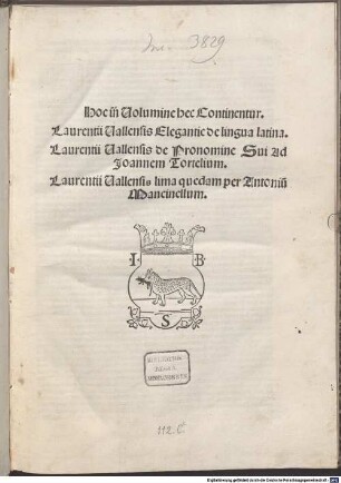 Elegantiae linguae latinae : mit Widmungsbrief des Autors an Johannes Tortellius