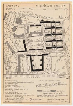 Gesamtbebauungsplan Ankara Teilbebauungsplan Hochschulviertel: Grund- und Lageplan Medizinische Fakultät, Längsschnitt der neuen Klinik 1:2000