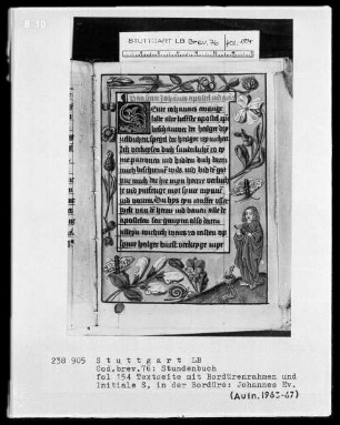Niederdeutsches Stundenbuch (Lüning-Bergheim-Gebetbuch) — Johannes Evangelista im Bordürenrahmen, Folio 154recto