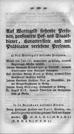Auf Wartegeld stehende Personen, pensionirte Hof- und Staatsdiener, characterisirte und mit Prädikaten versehene Personen