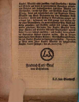 Kayserliches Decret, Betreffend die Ausfindung eines neuen Ertz-Ambts für Chur-Braunschweig : publicè dictirt Regenspurg den 31. Martii 1719. per Moguntinum