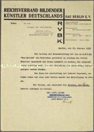 Schreiben des Reichsverbandes Bildender Künstler Deutschlands, Gau Berlin, an die Künstlervereinigung "Die Abstrakten" zur Deutschen Bauausstellung - Sachkonvolut