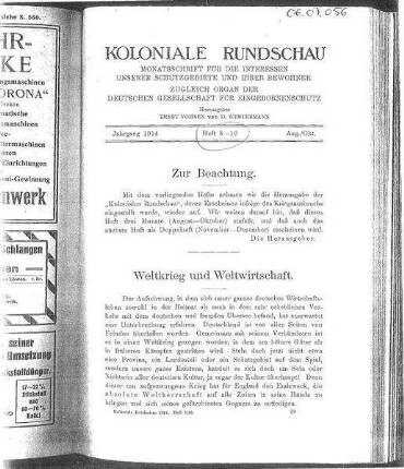 Weltkrieg und Weltwirtschaft \ Englische Kolonialstimmen über den Krieg