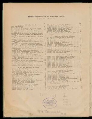 Inhaltsverzeichnis des 18. Jahrgangs 1942/43